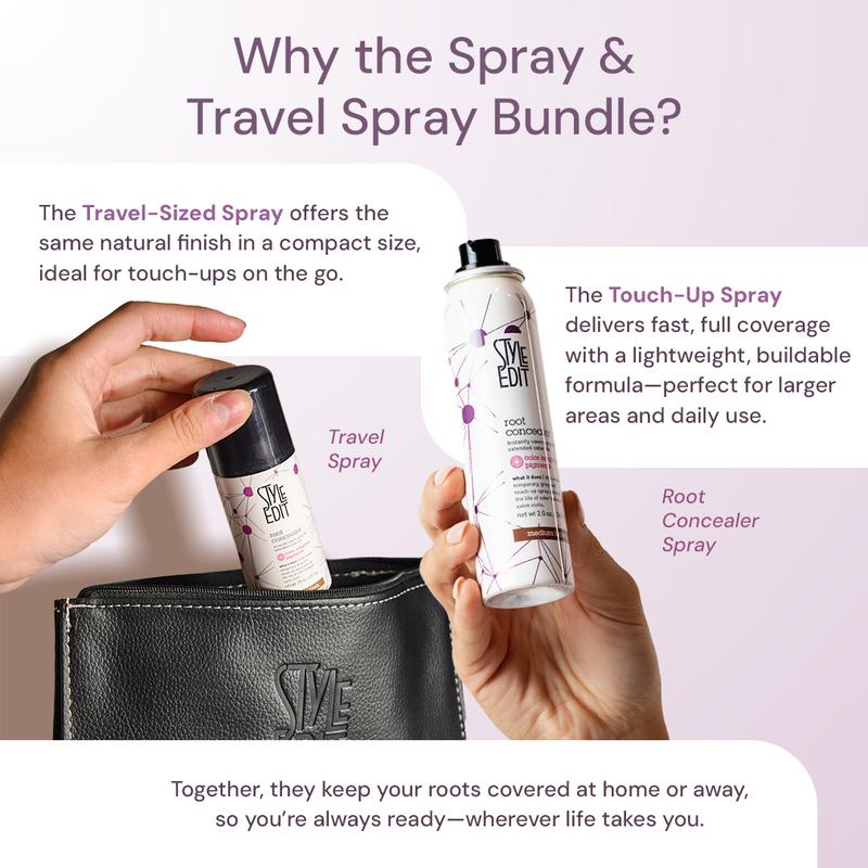 Style Edit Travel Essentials Hair Duo Root Concealer Spray Full Size & Travel Size | Instant Gray Root Concealer for Grays and Roots Coverage | Black