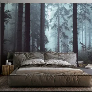 Forest Wall Mural Woodland Wallpaper Mural 148" Wx 98" H Foggy Large Peel and Stick Mural Paint Canvas Removable Art Murals for TV Background Bedroom Office, Dark Blue