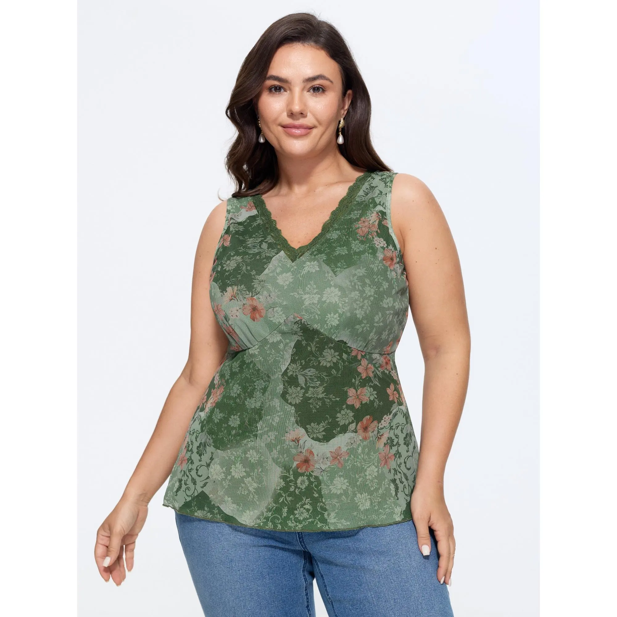 BloomChic Women's Plus Size Sleeveless Watercolor Floral Print Tank Top - Romantic Lace V-Neck, Regular Fit, Polyester Spandex Clothes