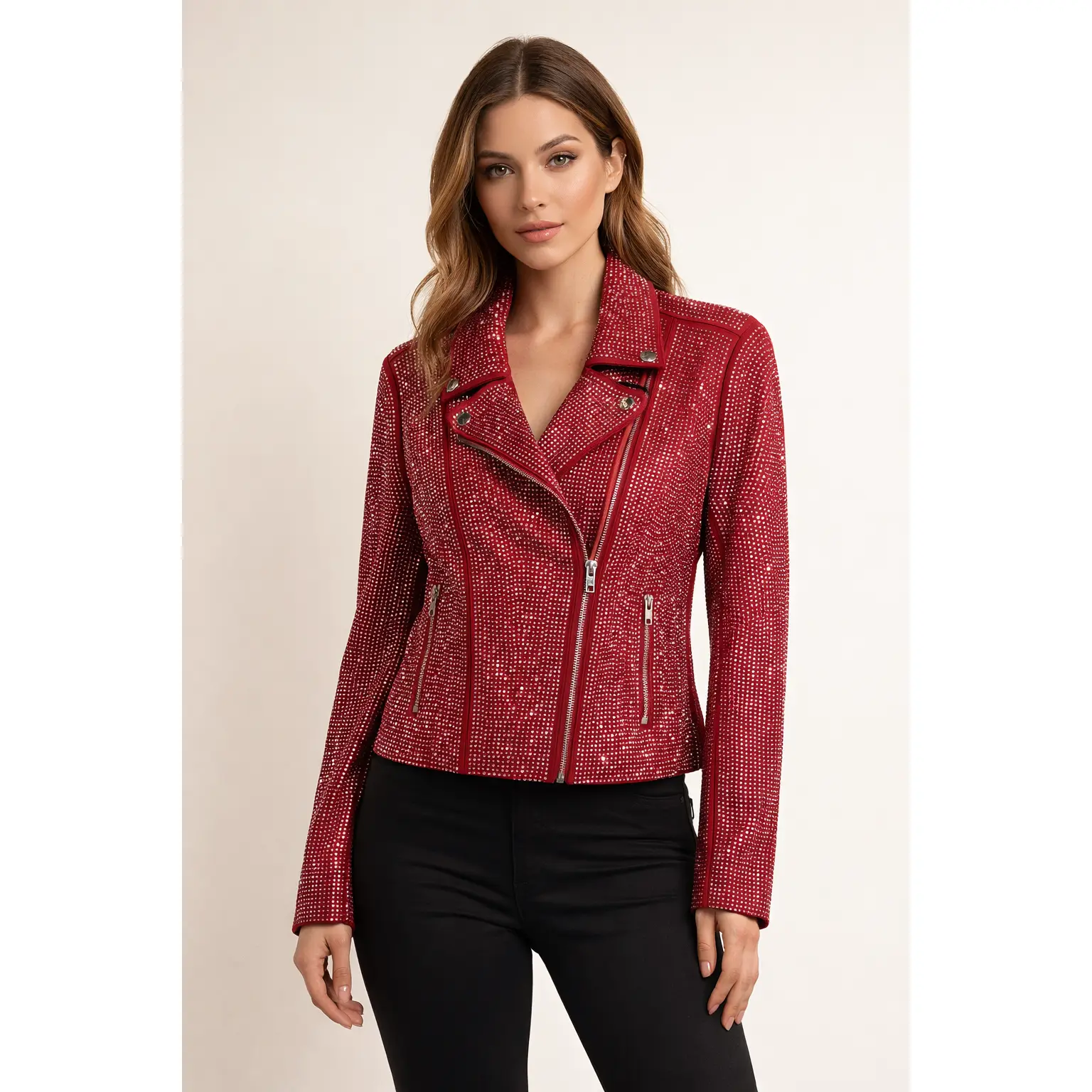 Megan Rhinestone Biker Jacket – Red
