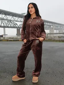 Brown Heaven Sent Velour Tracksuit with Rhinestones Matching Set 2-PC Soft Yellow By Lina