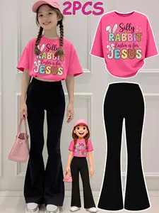 2-Piece Girls' Outfit Set: T-Shirt and Pants. Funny Rabbit, Easter, and Jesus Print Girls' Short-Sleeve Round-Neck T-Shirt and Flared Pants Set. Perfect for Outdoor Activities and Kids' Wear.