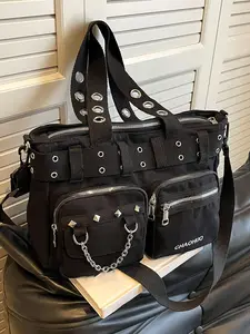 Motorcycle Style Black Handbag, Multi-pocket Rivet Chain Decoration, Trendy Shoulder Crossbody Bag, Cross body bags, Available in Multiple Colors, Suitable for Daily Commuting, Shopping
