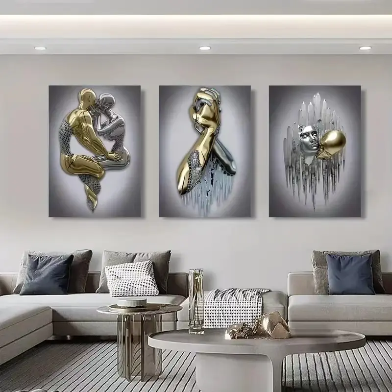 3pcs Canvas Poster Metal Figure Statue Art Canvas Painting Decor Romantic Abstract Poster Modern Art Modern Home Decor Living Room Bedroom Decor No Framen Unframed Art Print Abstract Art Prints Unframed Wall Art Art Work For Wall Decor