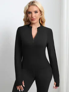 Women's Half-Zip Long Sleeve T-Shirt, Casual Fashion Daily Sportwear, Pure Color Tight Fit Comfortable Long Sleeve Tee, Gym Fitness Top, Fitness Clothes Tops