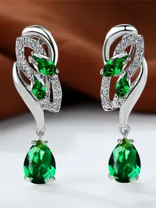 Luxury Female Green Stone Silver Color Clip Teardrop Earrings For Women Charm Synthetic Crystal Zirconia Wedding Jewelry
