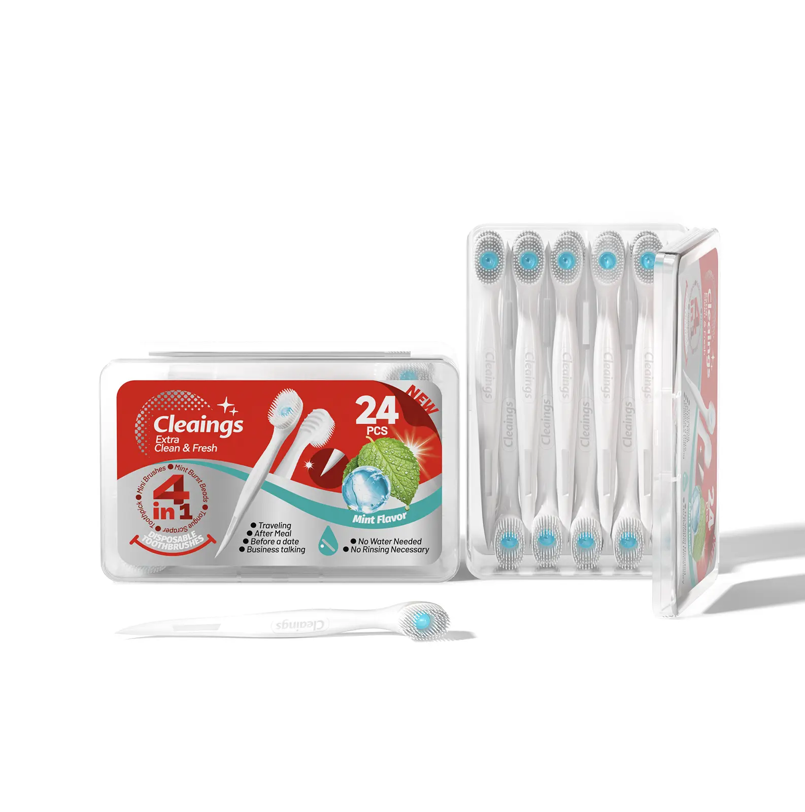 Cleaings 24 Pack Disposable Mini Toothbrushes - Pre-Loaded Mint Toothpaste & Toothpick, Travel Oral Essentials, 1 Box of 24