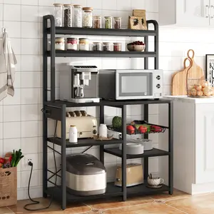 Bakers Rack with Power Outlet, 6-Tier Large Microwave Stand with Wire Basket, Large Coffee Bar Station, Open Storage Metal Kitchen Shelf Rack for Spices, Pots and Pans