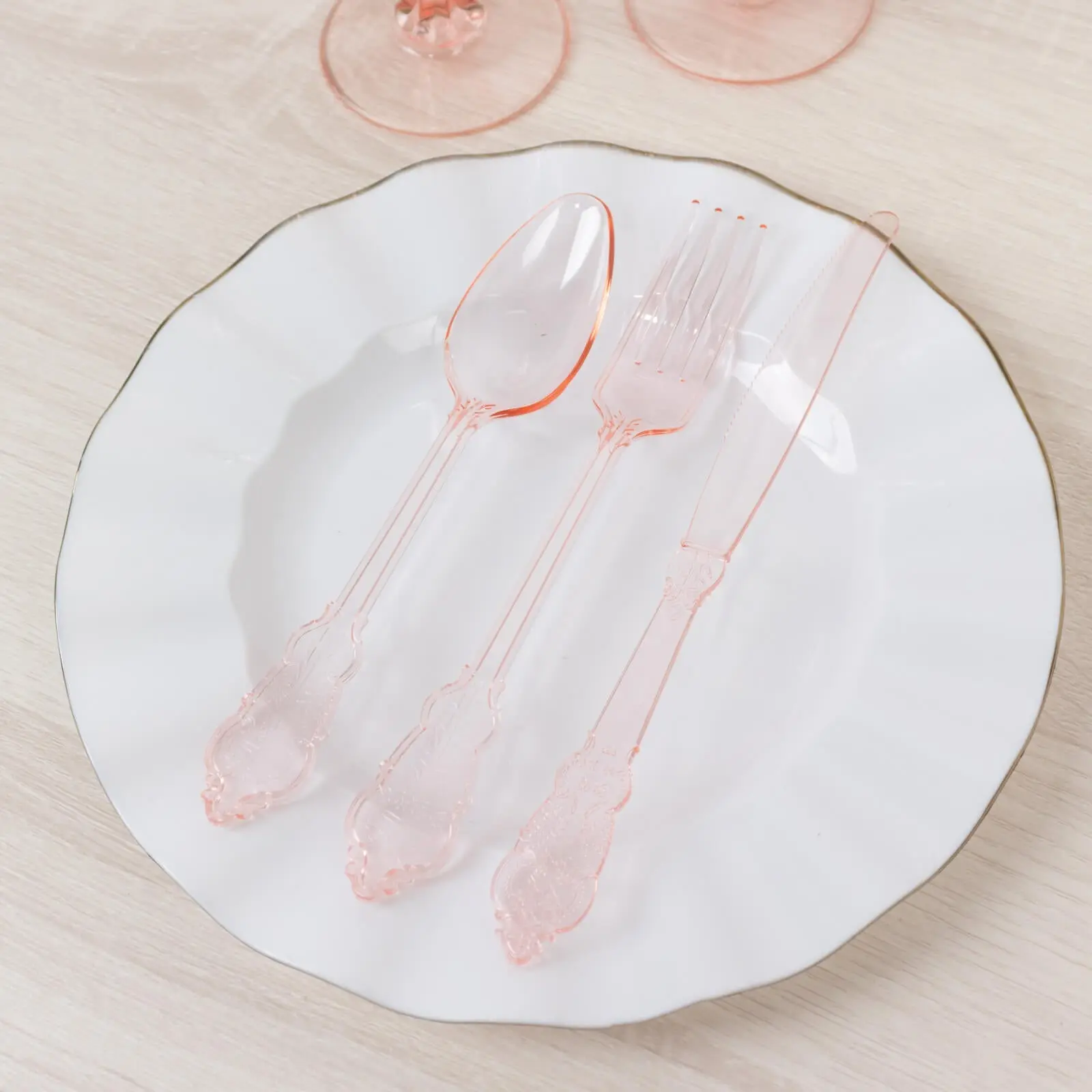 Baroque Blush 72-Piece Transparent Heavy-Duty Plastic Disposable Cutlery Set - Knife, Fork, Spoon Tableware Set for Home, Outdoor Events, Casual Disposable Tableware Supplies