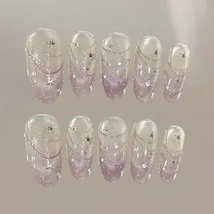 Purple Glitter Star Press On Nails, Sparkly Bling Nails, Feminine Y2K Chrome Nails, Handmade Gel Nails, Reusable Full Cover Nail Set