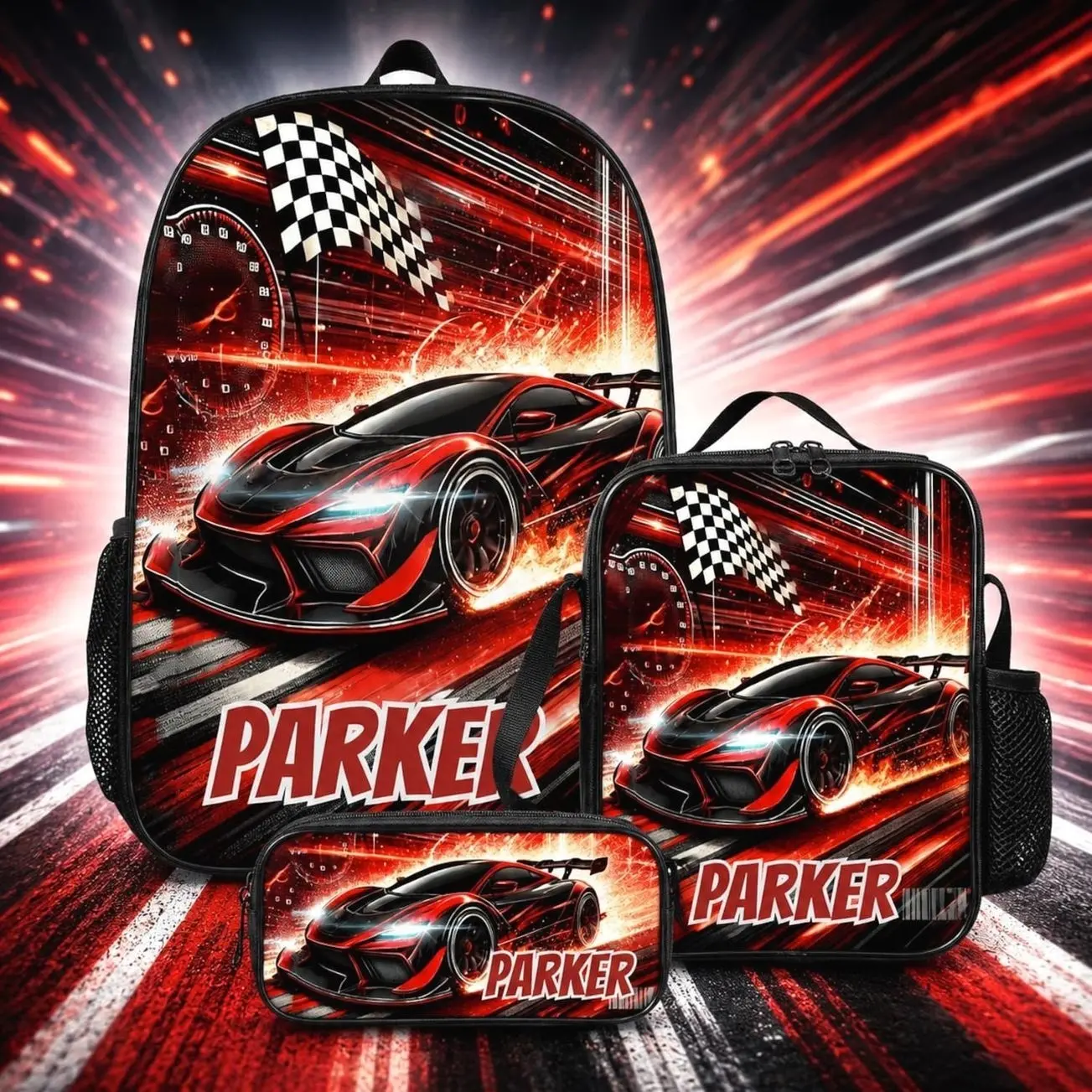 Personalized Race Car Kids Backpack Set, Custom Name Boys School Bag with Lunch Bag & Pencil Case
