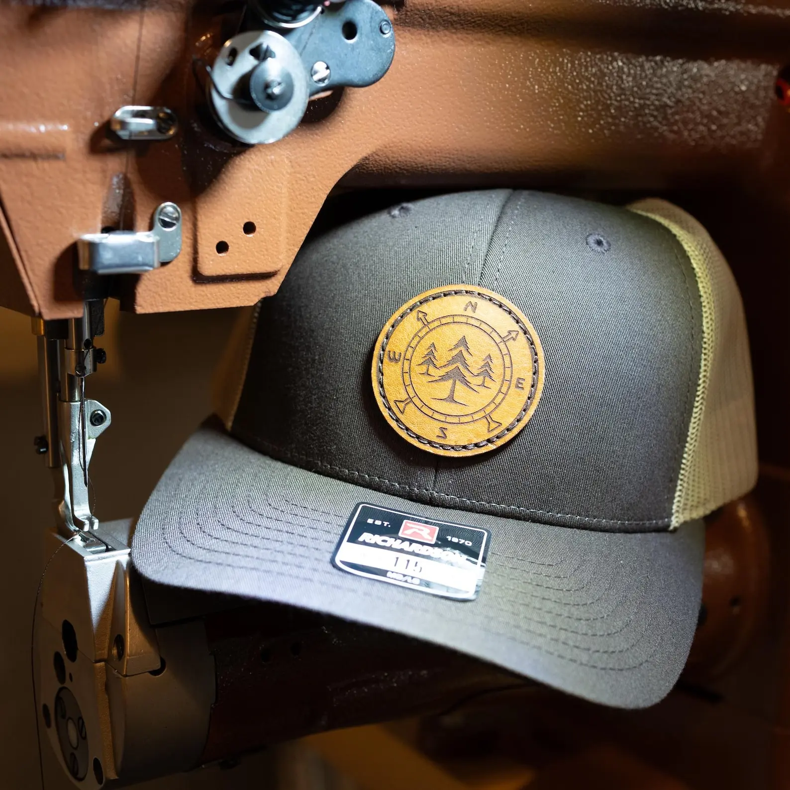 Richardson 115 Hand-Sewn Real Leather Patch Hat – Lost Pines Design on a Low Profile Trucker, Adjustable Compass Cap, Great for Adventurers