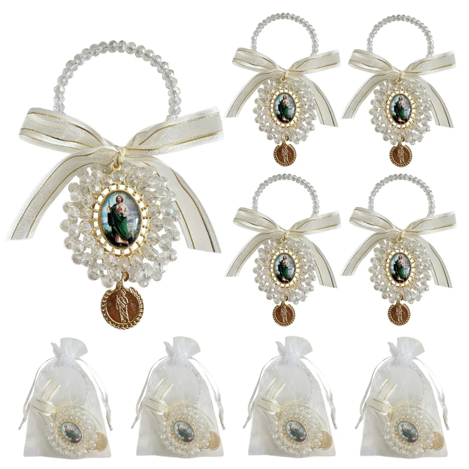 4PCS Organza Bags with Saint Jude/Virgin Mary/Saint Benedict Medal Door Hanger ,Rosary Catholic Gifts Set for Car Hanging Charm Home Door Hanger Decor