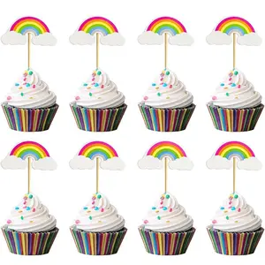 12/24pcs Rainbow Cupcake Toppers Birthday Cupcakes Rainbow Theme Birthday Party Cake Topper Rainbows Dessert Decoration Colorful Baking Cake Decorations Supplies Cupcake Picks