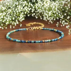 Natural Faceted Blue Tourmaline Quartz 2mm Beads Dainty Minimalist Healing Reiki Healing Protection Gift For Women Blue Bracelet