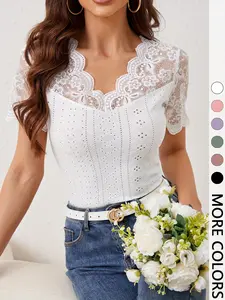 1pc French Lace Spliced Short Sleeve Top, V-Neck Hollow Out Slim Layering Blouse, Versatile Daily Staple for Commute and Dating