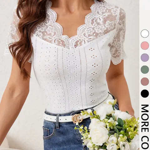 French Lace Short Sleeve V-Neck Hollow Out Slim Fit Top, Womenswear, Elegant Chic Versatile Everyday Top for Commute and Dating, Casual Lace Top