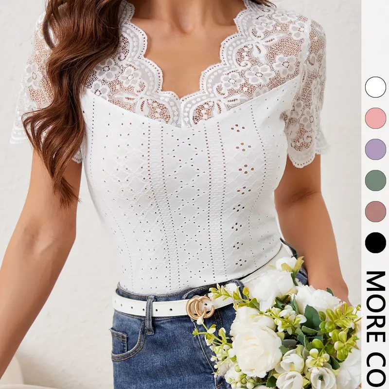 French Lace Short Sleeve V-Neck Hollow Out Slim Fit Top, Womenswear, Elegant Chic Versatile Everyday Top for Commute and Dating, Casual Lace Top
