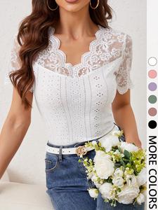 1pc French Lace Spliced Short Sleeve Top, V-Neck Hollow Out Slim Layering Blouse, Versatile Daily Staple for Commute and Dating
