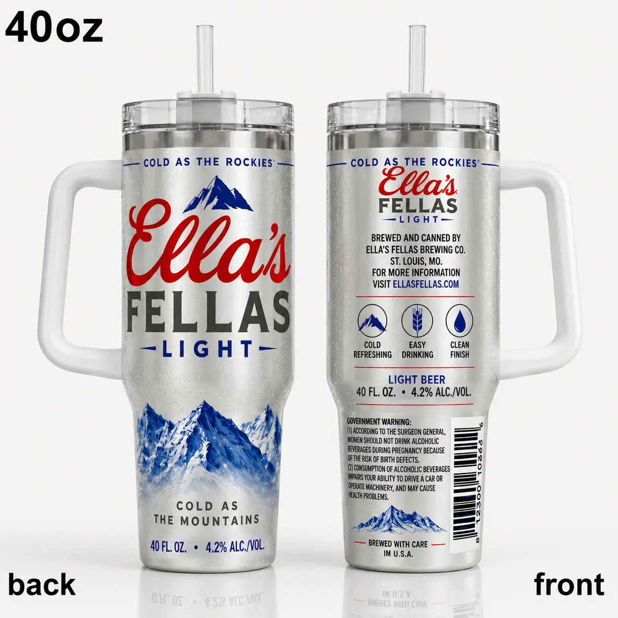 Ella' Light Tumbler 40oz, Mountain Graphic Travel Cup With Handle And Straw, Stainless Steel Insulated Mug