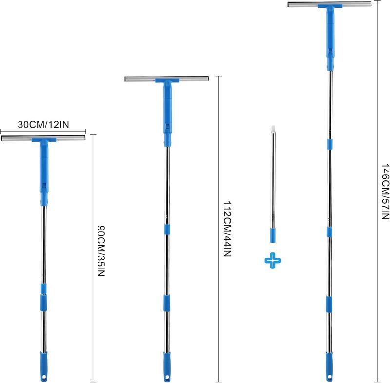 Window Cleaner with Long Handle(57IN), Glass Cleaning Tools with Silicone Squeegee & Microfiber Scrubber, Window Cleaning Kit for Shower Glass Mirror Door Car