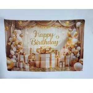 2D flat banner, 1pcElegant Gold and White Happy Birthday Backdrop, Festive Party Decorations Ornaments with Balloon Clusters, Luxurious Gift Box Display and Golden Confetti for Glamourous Birthday Celebrations
