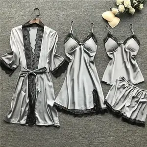 Lace Silk Pajamas Set Nightdress Sexy Lingerie Robe Women Sleepwear 4 Pieces Suits Sleeping Top And Shorts Femme Pijama Mujer Pj Loungewear Womenswear Homewear Solid