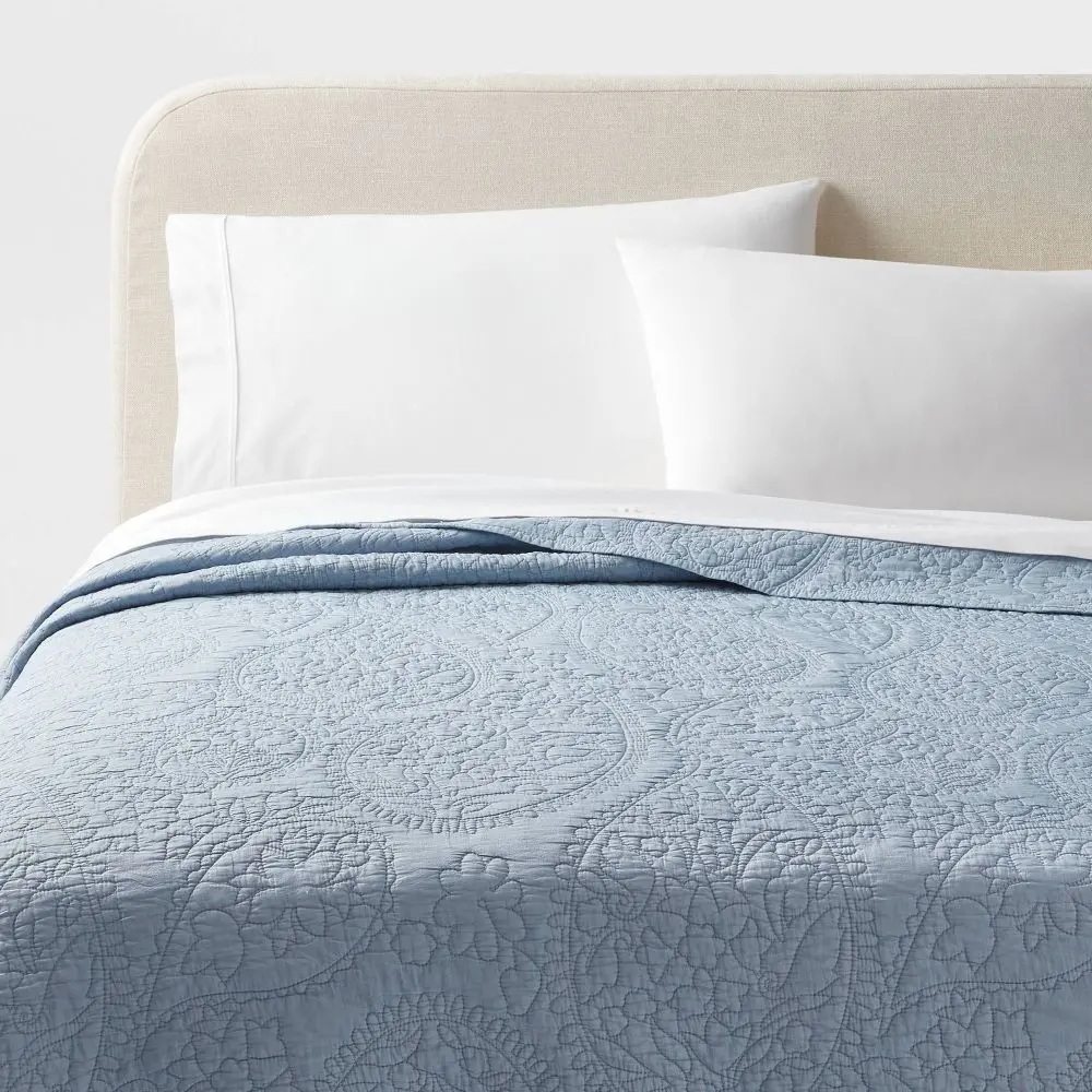 Twin/Twin Extra Long Garment Washed Paisley Stitch Quilt Sky Blue - Threshold: OEKO-TEX Certified Microfiber Coverlet