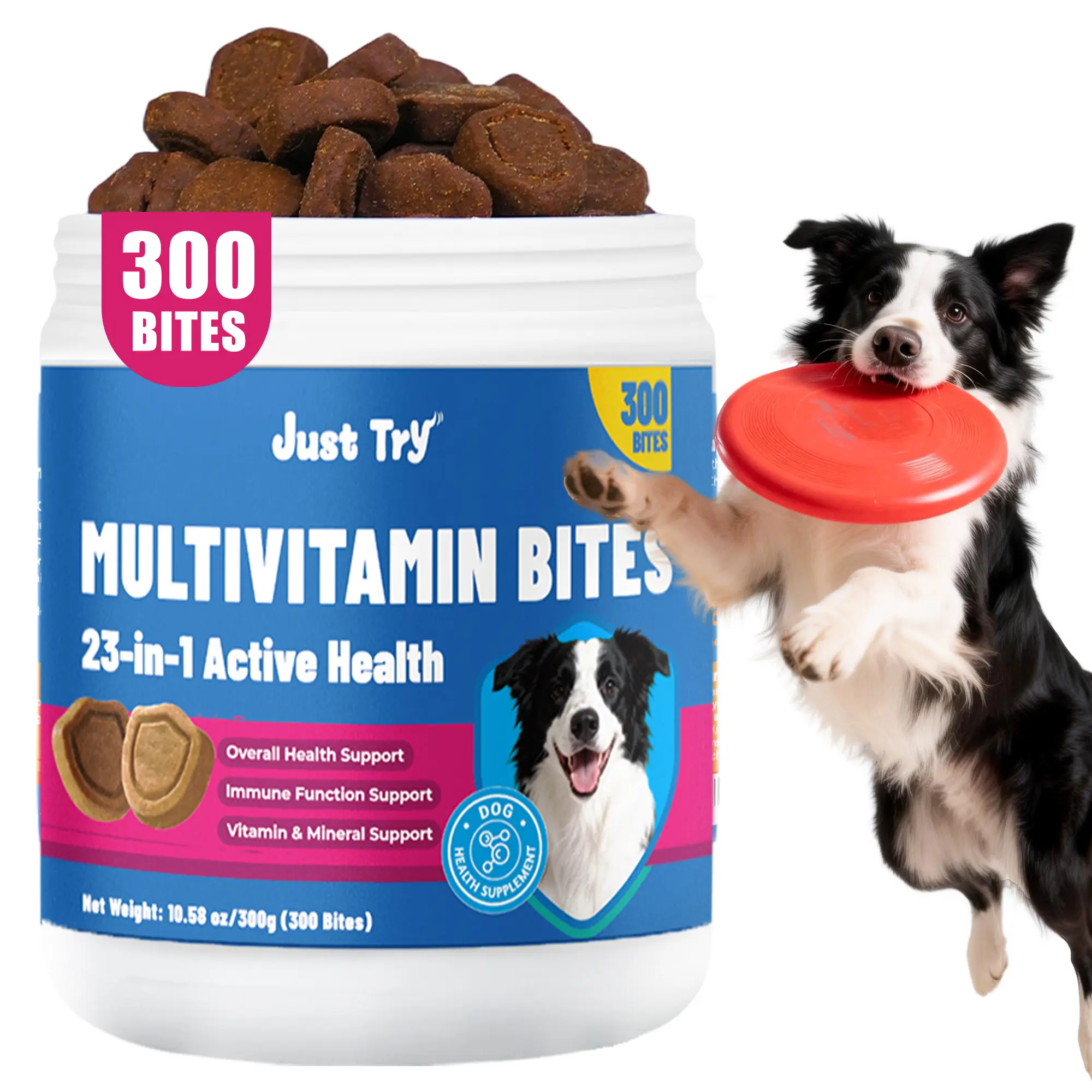 Just Try 23 in 1 Multivitamin Bites for Dogs with Chondroitin Sulfate for Joint Support, Omega-3 for Skin & Coat, & Taurine for Heart Health - Dog Supplements - 300 Bites