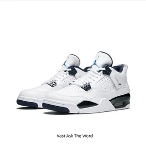 Retro Mid-Top Basketball Shoes in White Tumbled Leather with Dark Navy Blue Lace Locks, Lining, and Heel Accents