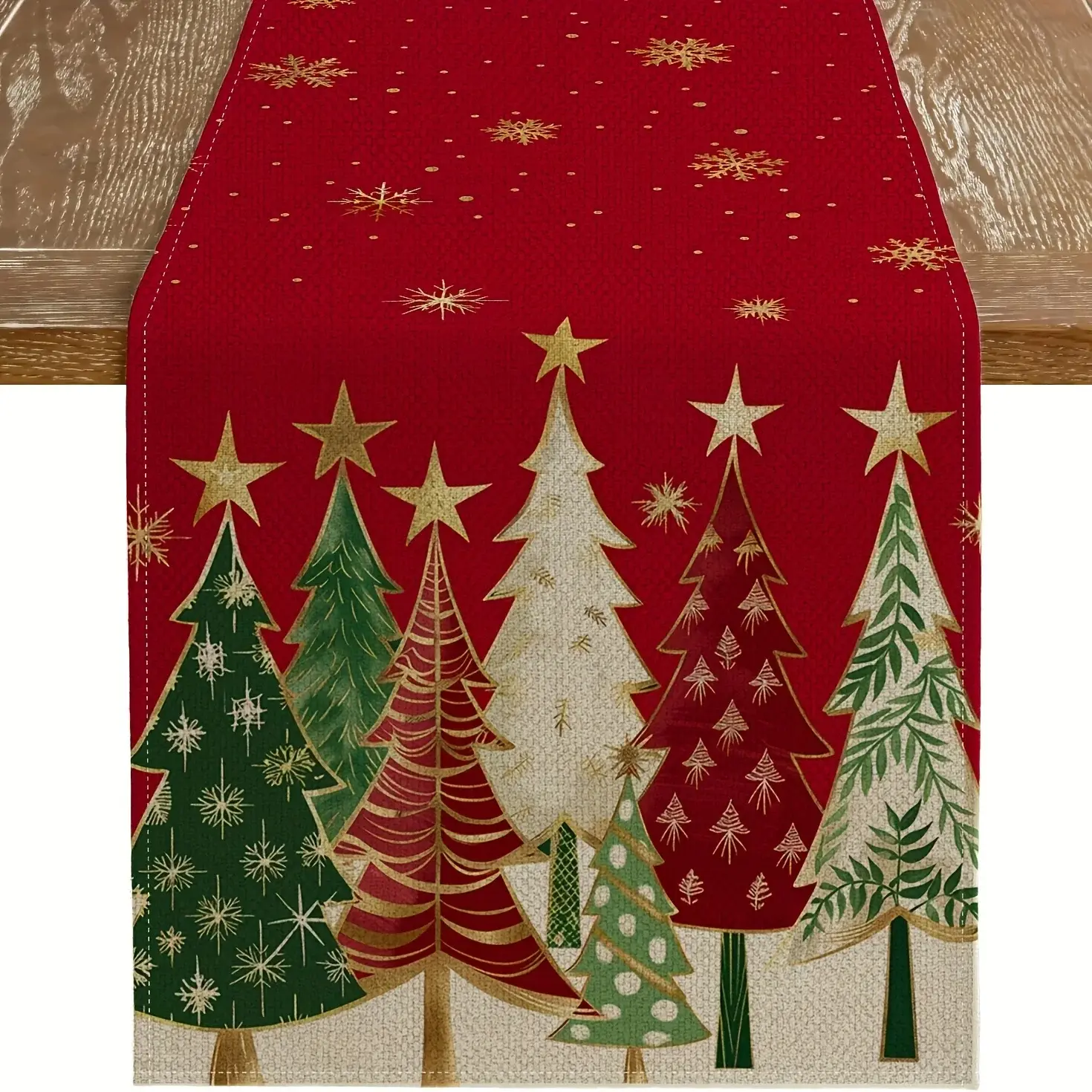 Christmas Table Runner Rectangular Festive Table Decoration, Red Christmas Trees and Snowflakes Design for Holiday Tablecloth ZZN