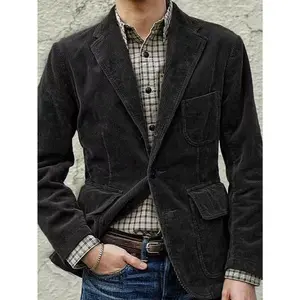 Men's Corduroy Blazer Jacket - Iron-Free Casual Single with Notched Lapel |   Brown front button jacket for all seasons Hand wash and dry clean