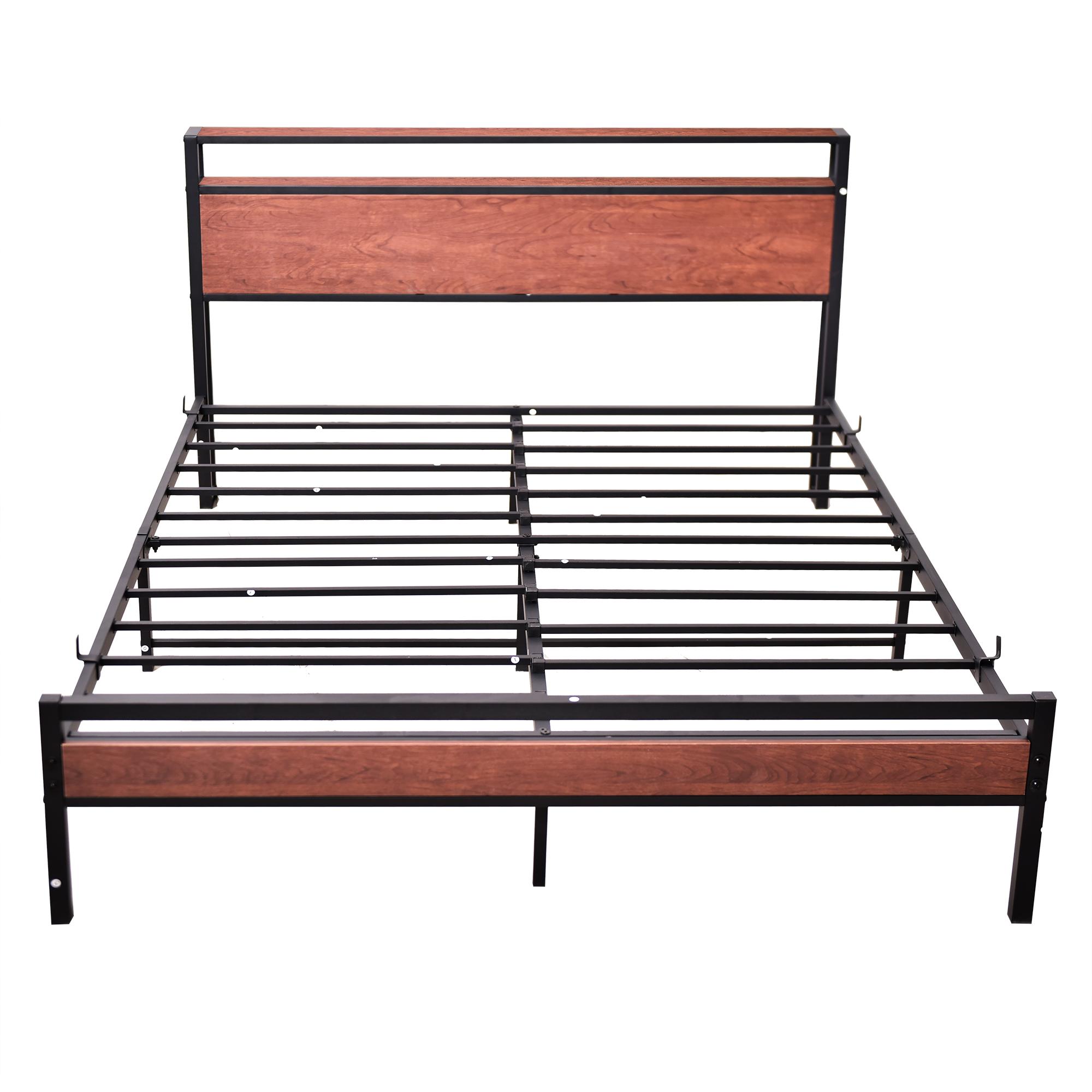 Different Size Metal Platform Bed Frame with Wooden Headboard and Footboard. Features robust metal slat support, no box spring required, delivering exceptional stability and a streamlined, modern aesthetic for your bedroom.