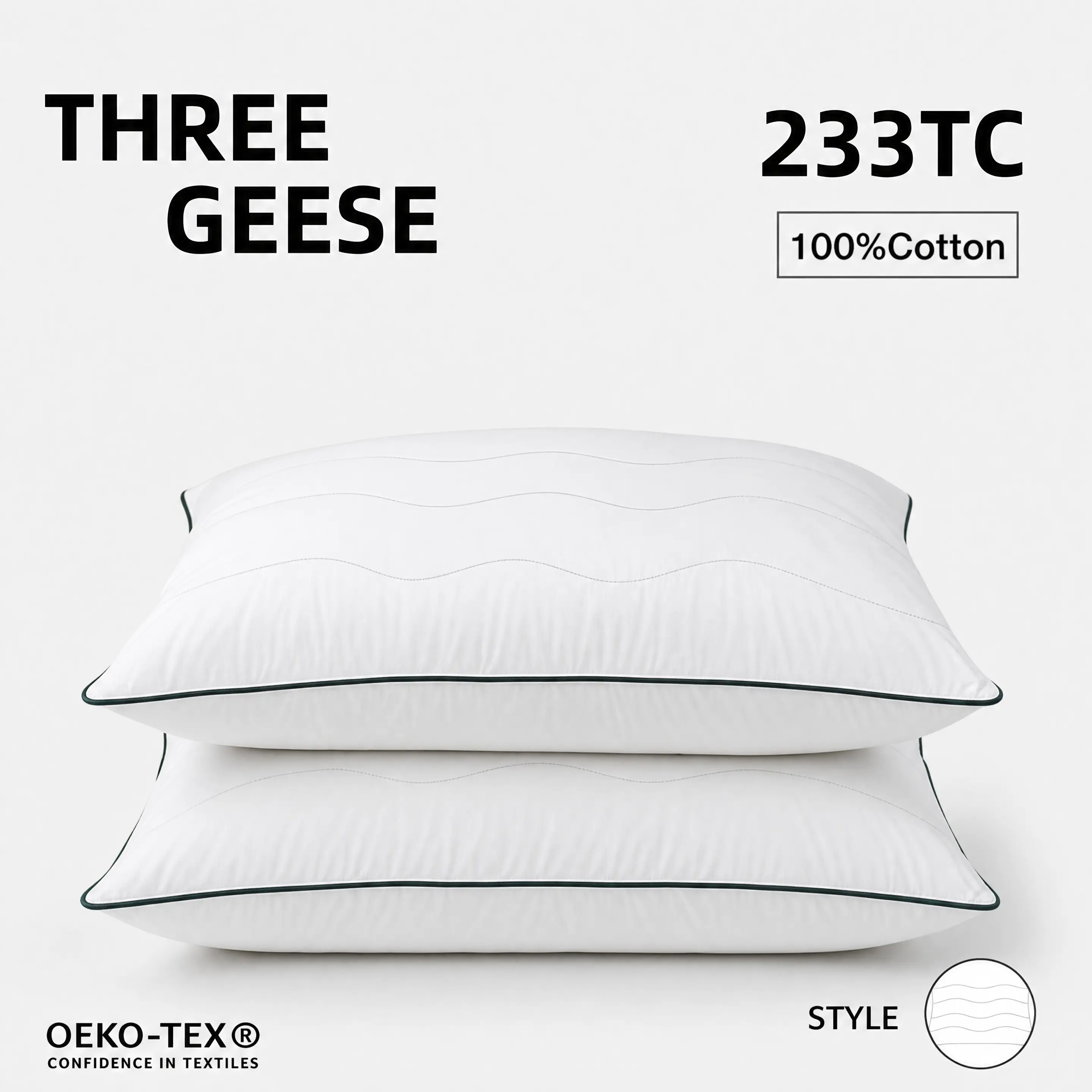 Three Geese Wavy-Quilted Goose Feather Pillows - Luxury 5-Star Hotel Quality, Machine Washable, Three-layer Filling, Low Allergy, Comfortable Neck Support, OEKO-TEX Certified, pillows for sleeping ,summerwins,  Vacuum-Packed  , Skin-Friendly