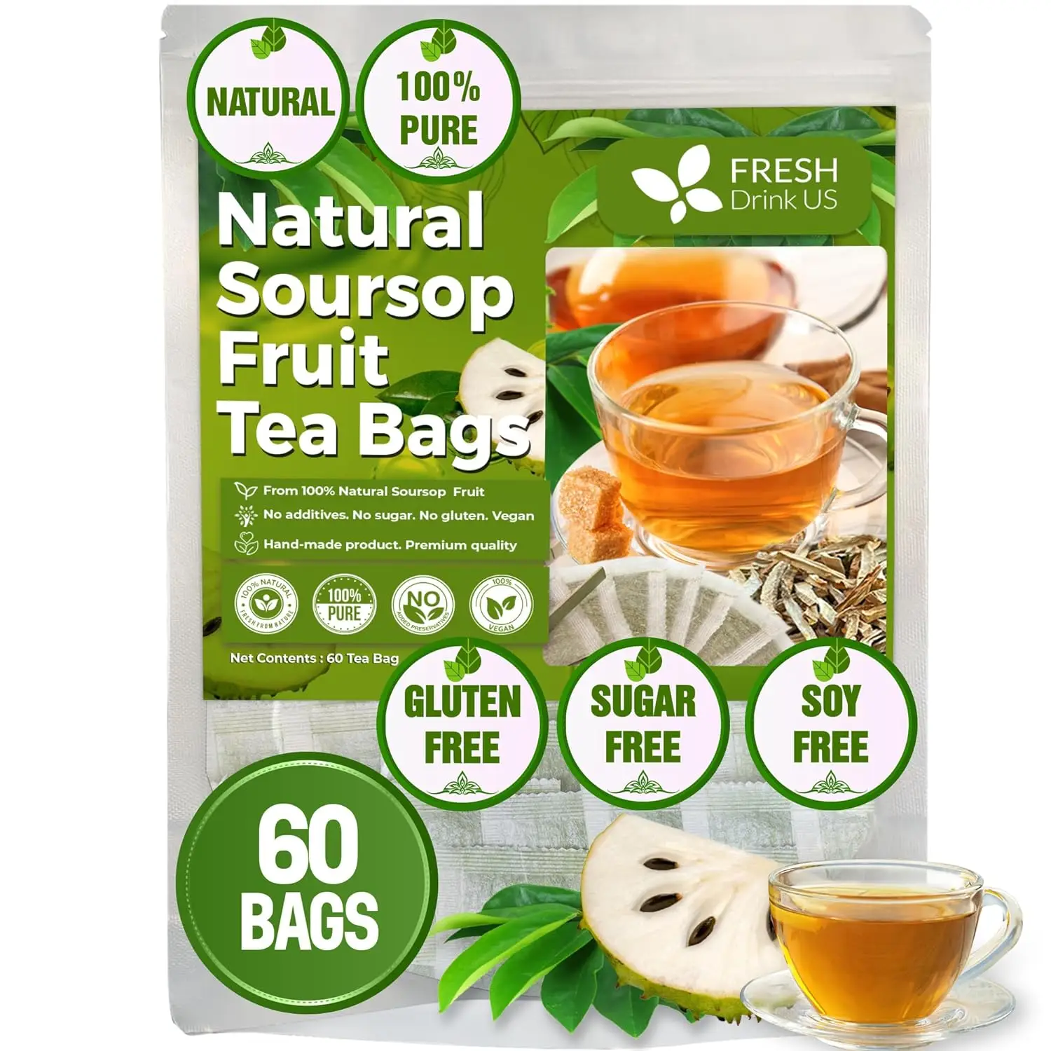 Premium Soursop Graviola Fruit Tea Bags, 100% Natural and Pure from Soursop Fruits, Made With Natural Materials-Corn Fiber Tea Bag, Sugar/Caffeine/Glu