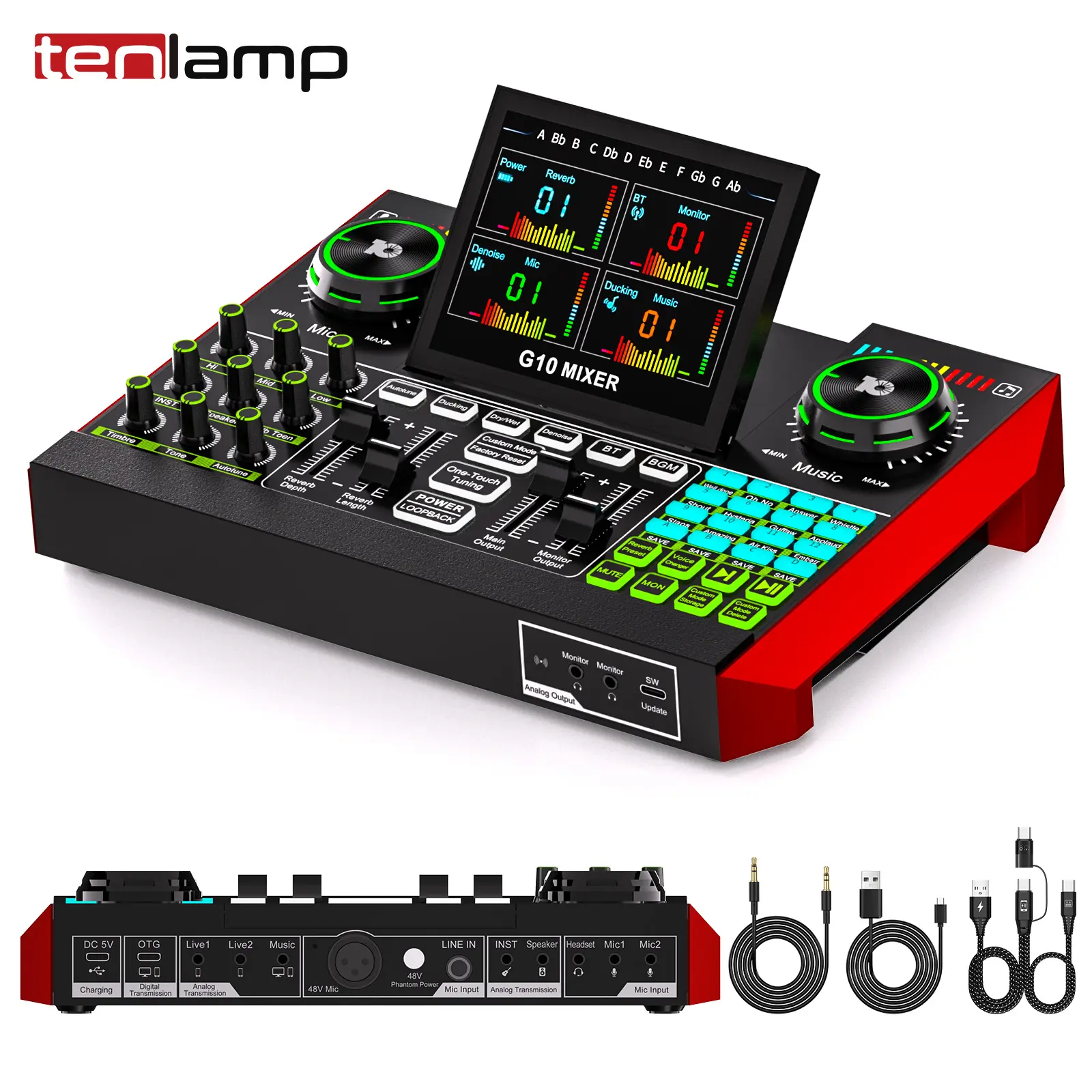 External Sound Card Audio Mixer - 3.5mm/XLR Dynamic/48V Microphone Compatible, DJ Mixer Effects, Voice Changer, Denoise, 1-Click Mute, Recording for PC/Mobile Live Streaming Singing Gaming, Connection