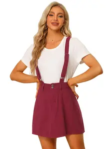 INSPIRE CHIC Denim Skirt Cotton Women's Overall Adjustable Strap Braces Mini Suspender Washed Jean Skirts M Wine Red