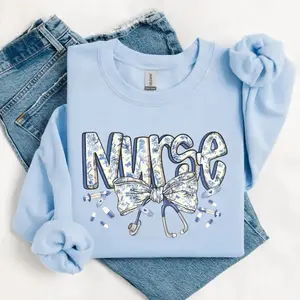 Coquette Bow Nurse Gildan Sweatshirt & Tshirt, Blue Chinoiserie Nurse Crewneck, Toile de Jouy RN Sweatshirt, Cute Retro Nurse Sweatshirt, Nurse Gift