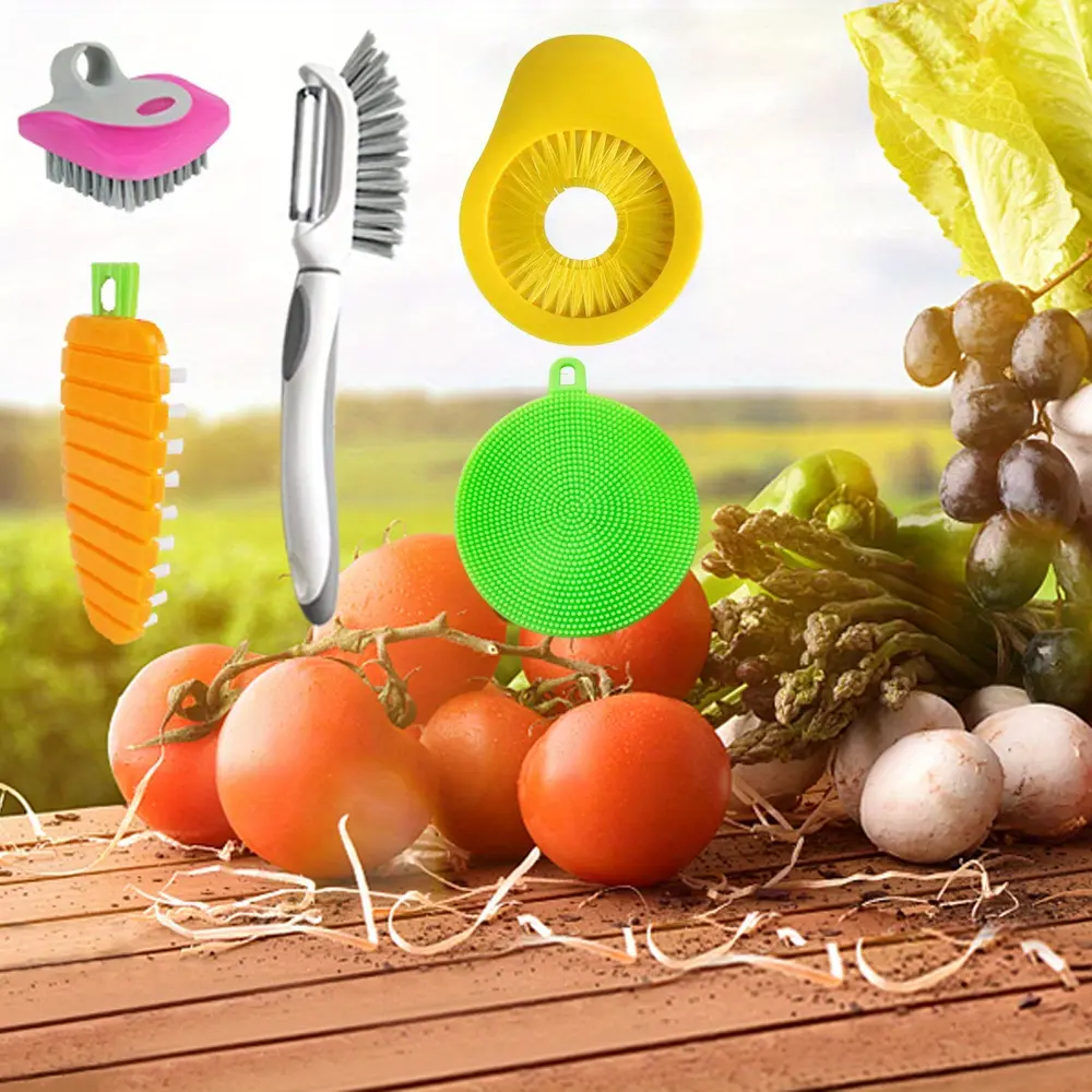 5PCS Flexible Vegetable Brush Fruit and Vegetable Brushes, Vegetable/Fruit Peeler with Brush Bendable Fruit Brush Scrubber for Food Veggies Carrot Potato Corn