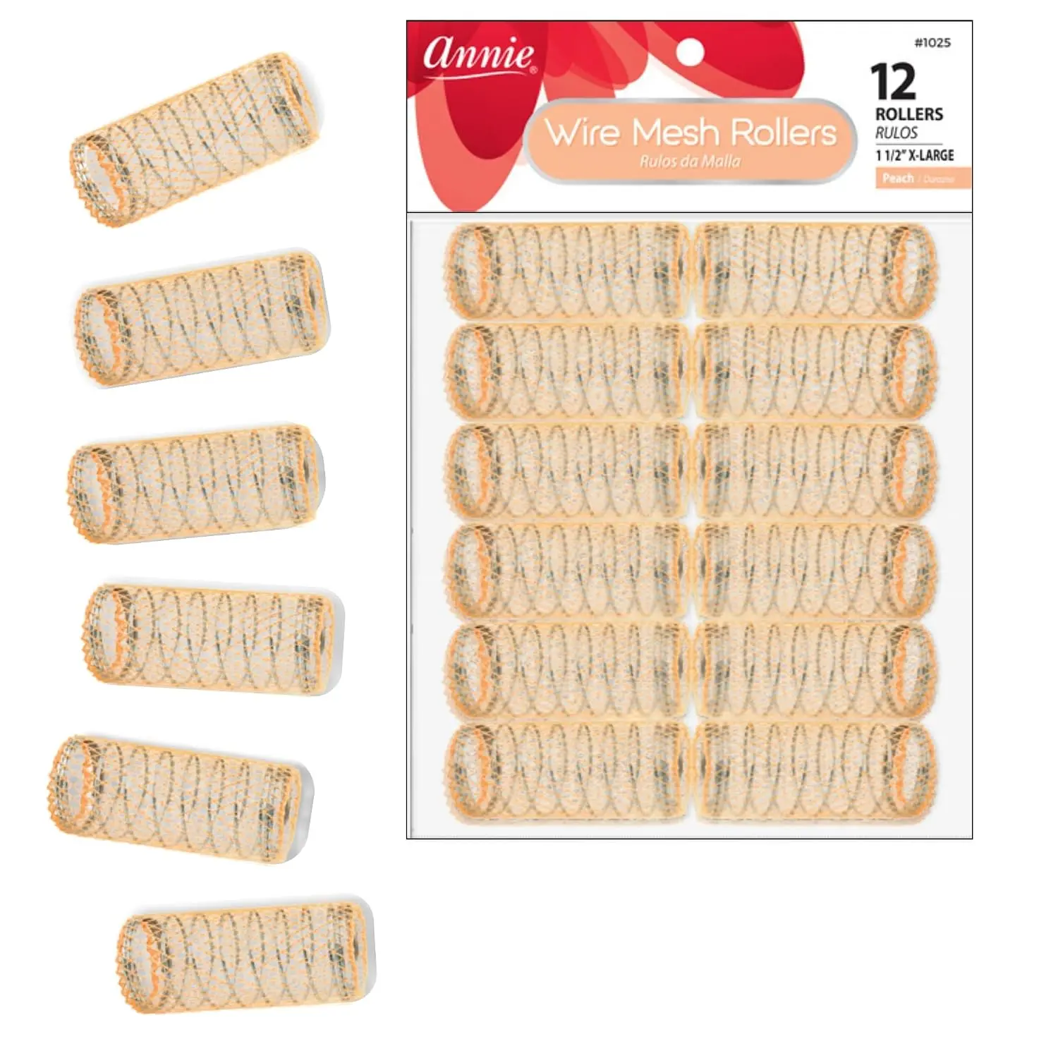 Annie Heatless Wire Mesh Hair Rollers - 1.5 in X-Large Wavy Hair Rollers for Ringlet Shape Curls, Haircare Styling Tools - 12 Rolls (Peach)