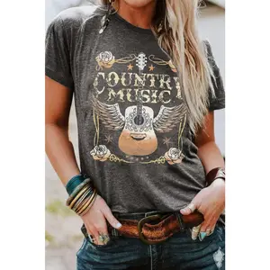 Gray COUNTRY MUSIC Guitar Graphic Print Crew Neck T Shirt