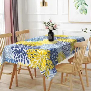 60x102inches Navy Blue Yellow Flowers Tablecloth Dahlia Floral Rectangle Table Cloth Geometric Table Cover for Dining Room Banquet Supplies