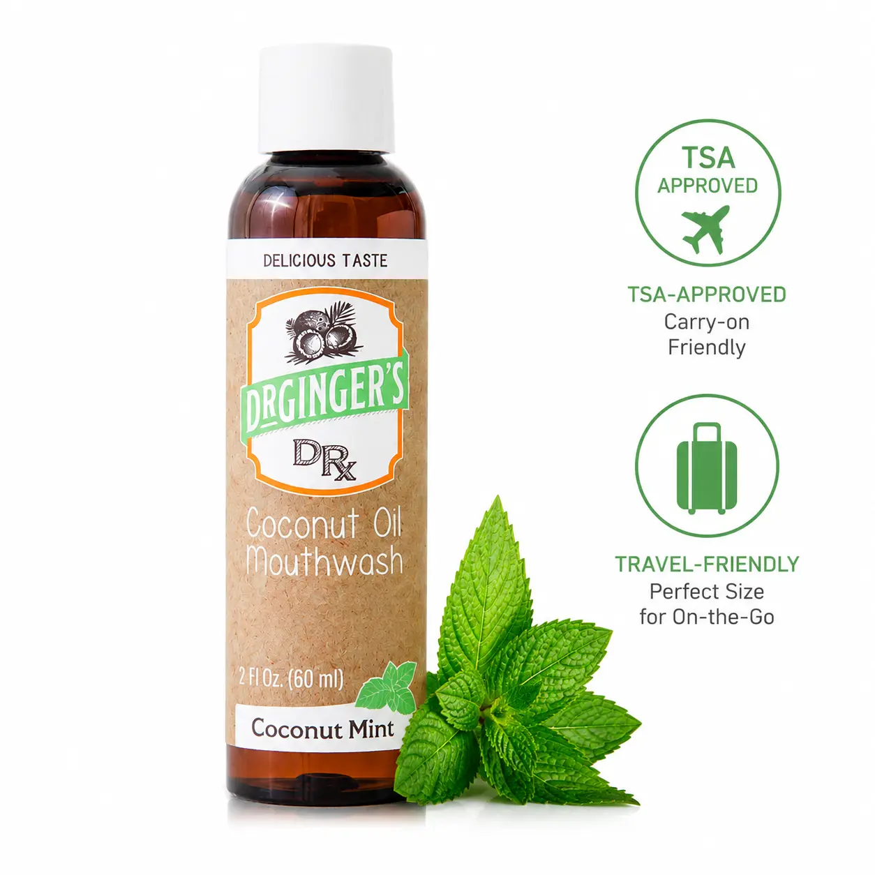 Travel Size Dr. Ginger's Coconut Powered Mouthwash | 60ml Travel Size, TSA Approved Organic Coconut Oil, Whole Mouth Wellness, No Burn, Alcohol Free, Mint Flavor, Freshens Breath in 2 Minutes