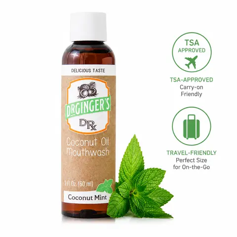 Travel Size Dr. Ginger's Coconut Powered Mouthwash | 60ml Travel Size, TSA Approved Organic Coconut Oil, Whole Mouth Wellness, No Burn, Alcohol Free, Mint Flavor, Freshens Breath in 2 Minutes