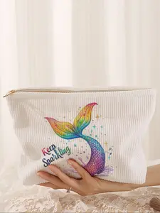Mermaid Tail Printed Corduroy Makeup Bag, Cartoon Style, Cute Lightweight Multi-Functional Fashion Casual Cosmetic Bag, Cosmetic Pouch