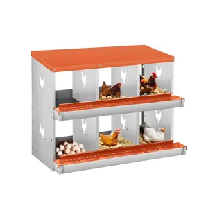 6-Compartment Chicken Nesting Box, 2-Tier Galvanized Steel Egg Laying Box with Large Vented Holes, Wall-Mountable Design, Easy Egg Collection & Cleaning for Chickens - Orange