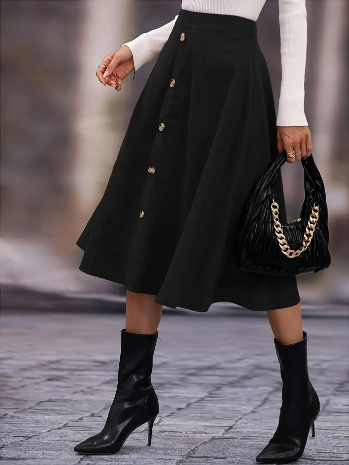Women's Plain Button Stretchy Flared Skirt, Elegant Fashion Casual Midi Solid Skirt for Daily Outdoor Wear, Ladies Bottoms for All Seasons, Fitted Flared Skirts