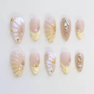 Pearl Seashell Press On Nails, Nude Blush Oyster Design, Gold Starfish Charm, Mermaid Shell Texture, Iridescent Pearl Chrome, Luxury Beach Almond Nails