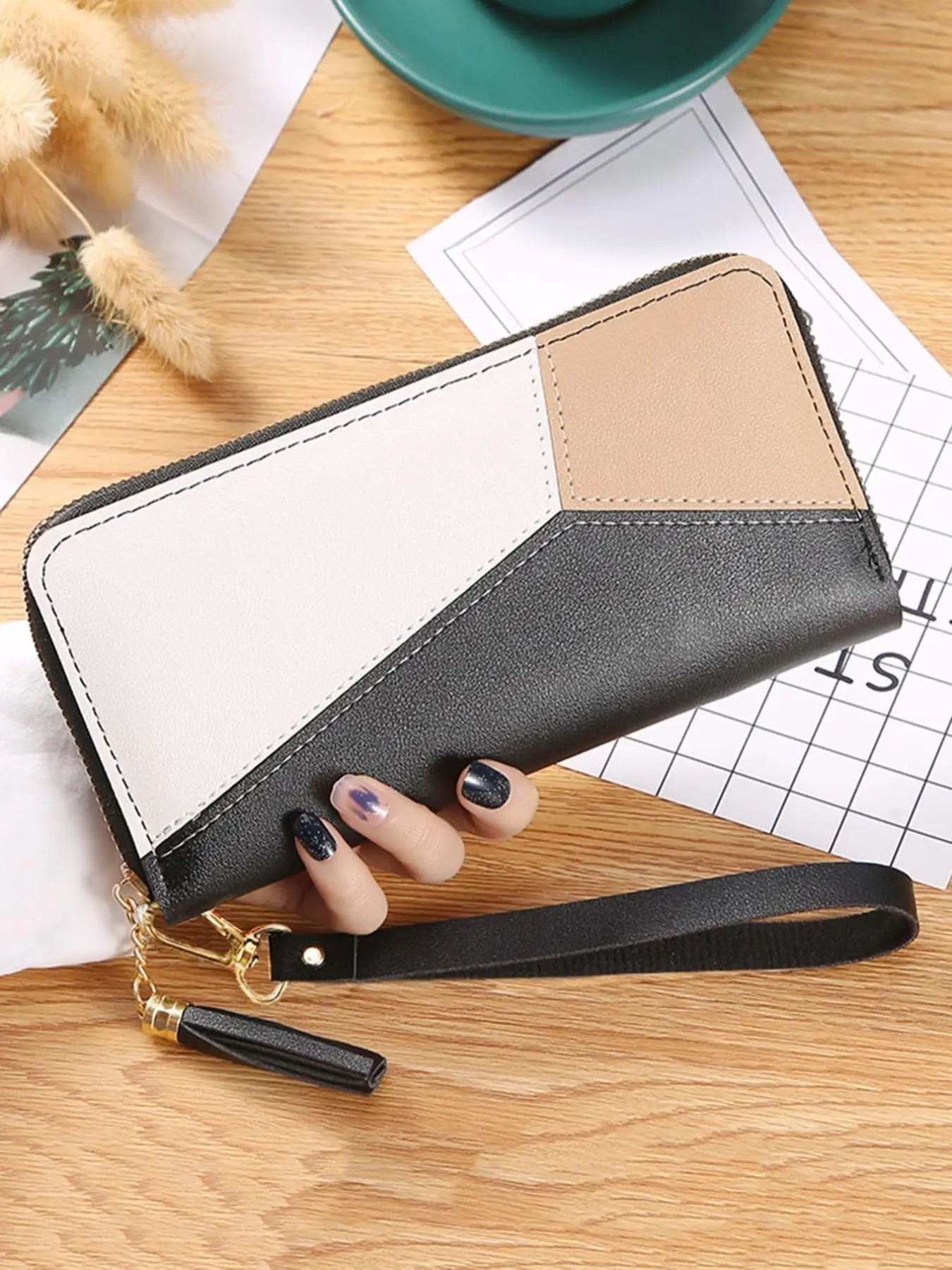 Women's Patchwork Long Wallet with Tassel Decor, Fashion Trendy Multi-function Zipper Card Holder, Casual Basic Wallet for Daily Used