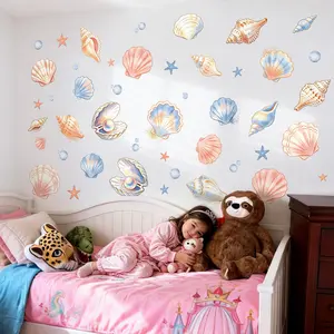 2Pcs/Set (3060cm2pcs) Watercolor Seashell Wall Stickers, Fresh Ocean Style Self-Adhesive Wall Decor for Kids Bedroom